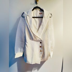 Sheer sleeved white tuxedo mini dress romper